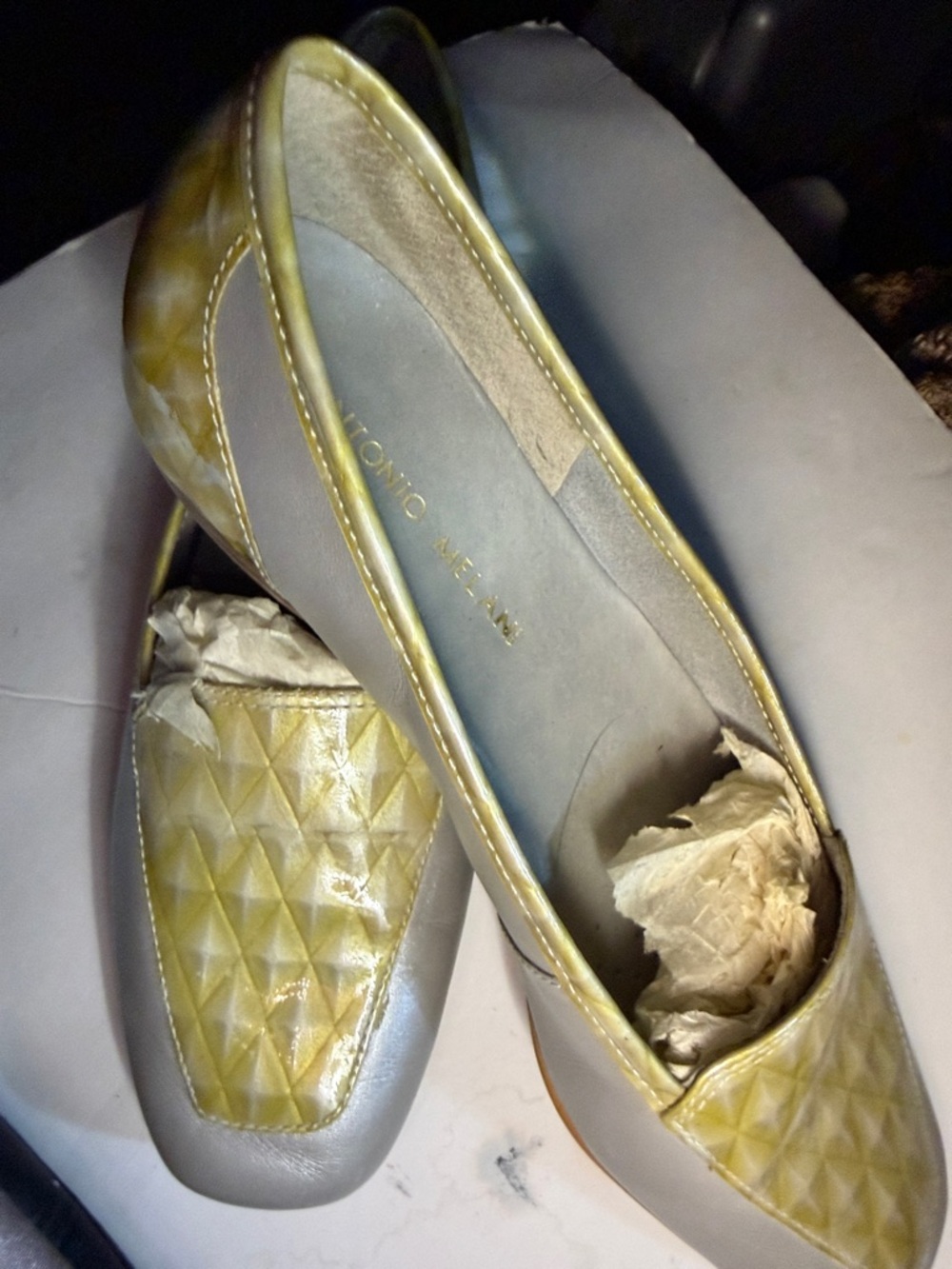 ANTONIO MELANI Yellow and Gray Quilted Slip-On Loafers